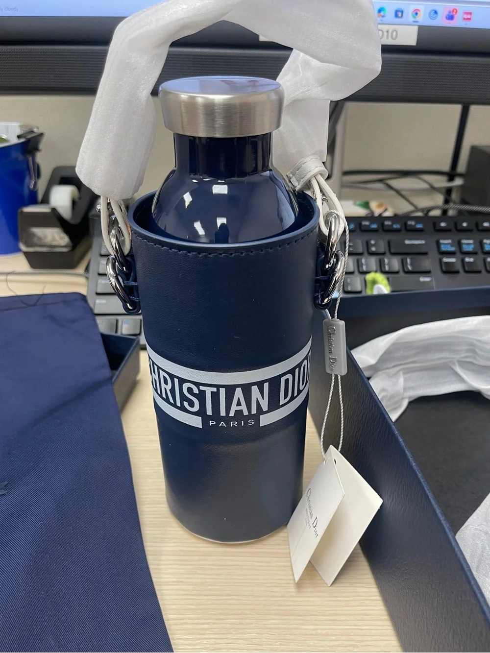 Dior Navy Water Bottle Tumbler Holder w/Strap Limited VIP Gift Novelty GWP NWT